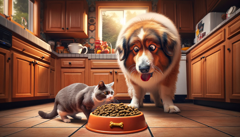 Cat eating from a dog bowl